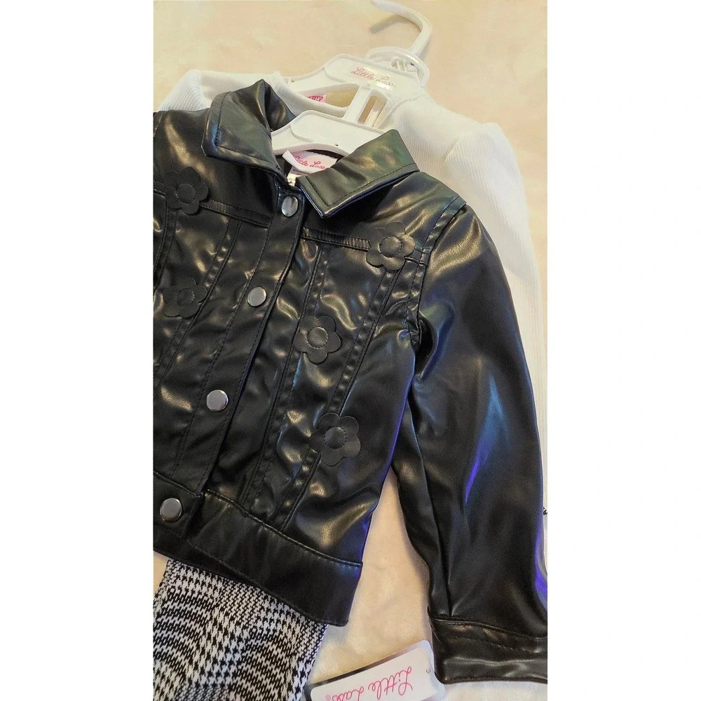 NWT Little Lass 18M 3pc Faux Leather‎ Jacket Set Plaid Pants - Picture 2 of 7
